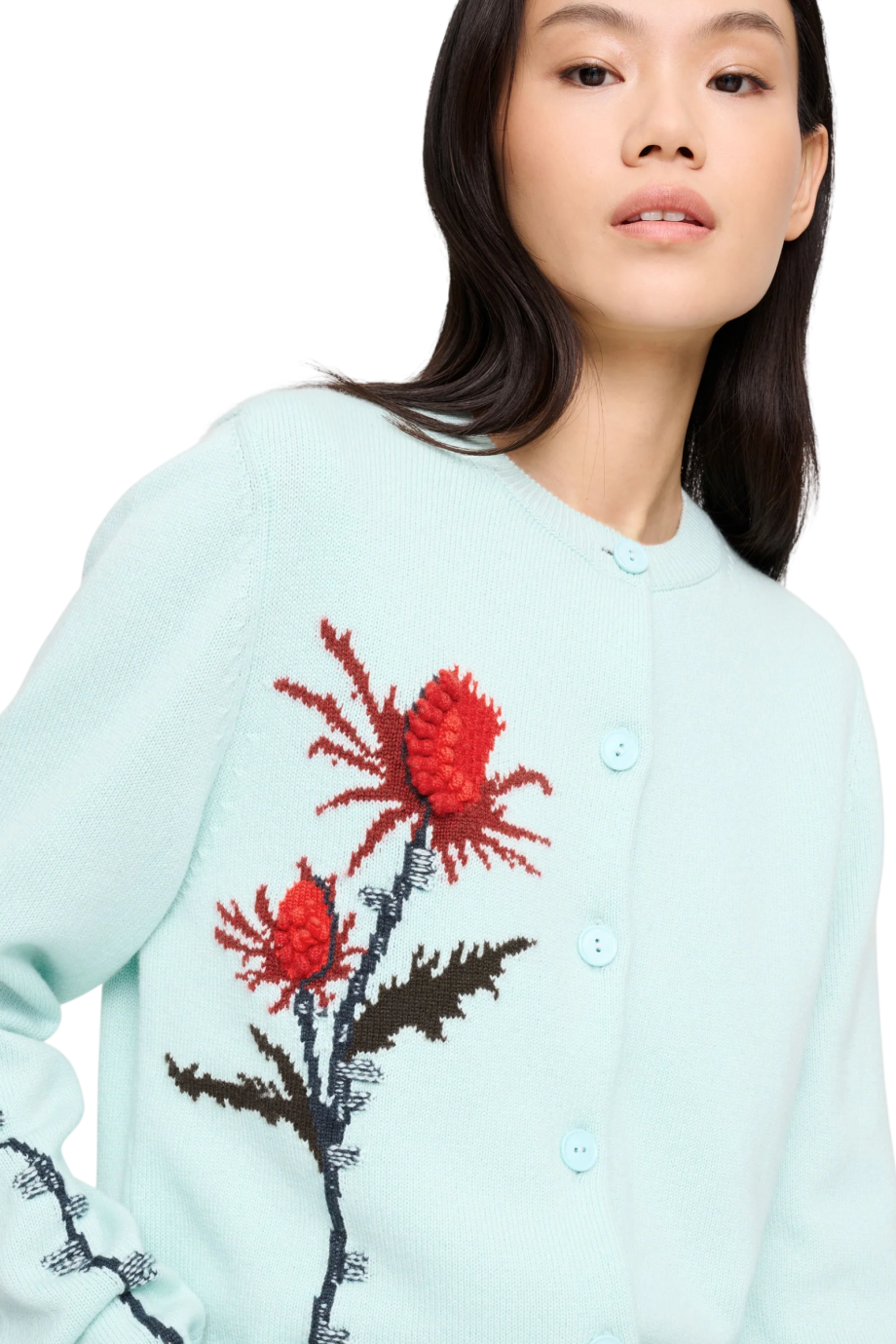 Bubble knit cashmere cardigan in turquoise