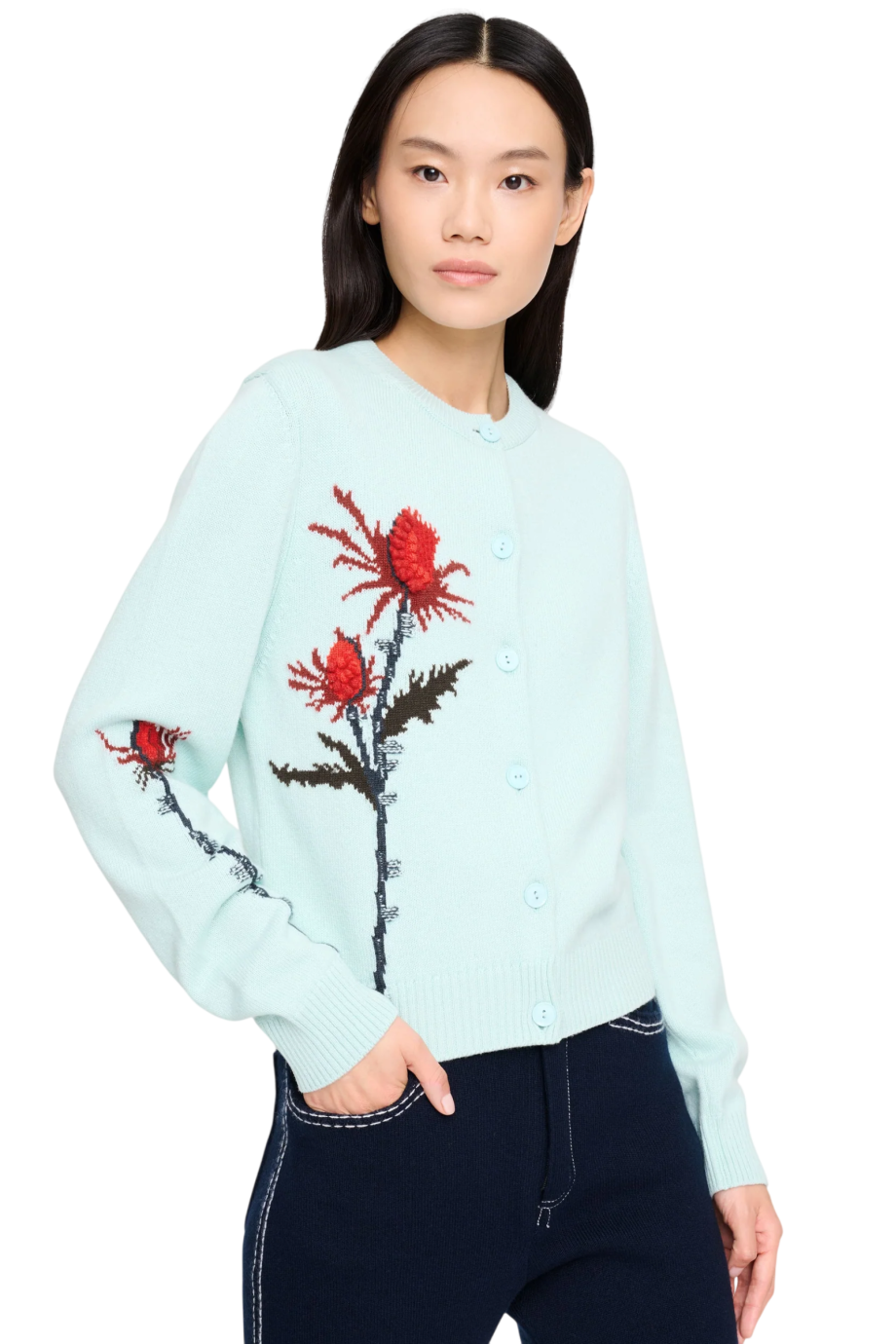 Bubble knit cashmere cardigan in turquoise