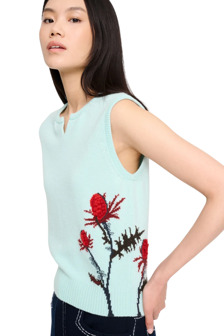 Bubble knit cashmere top in turquoise