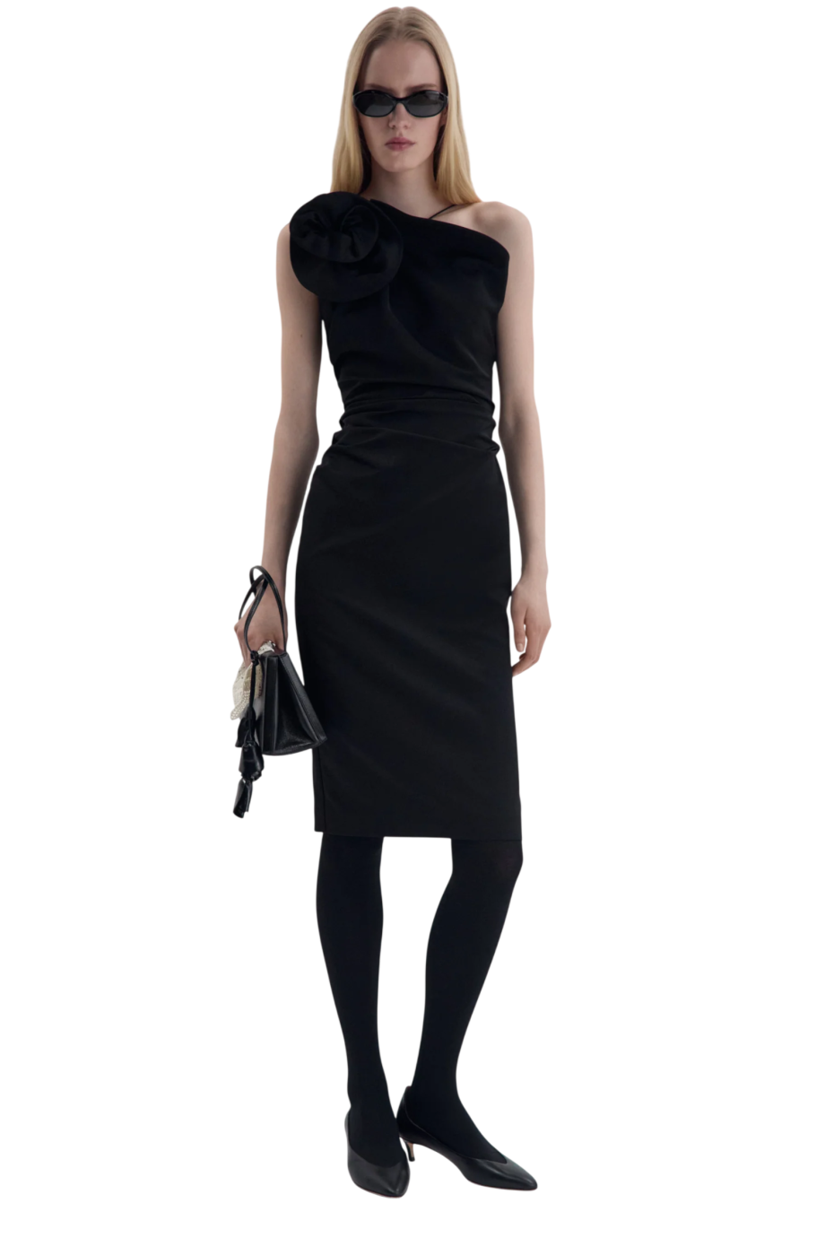 Rose one-shoulder midi dress in black