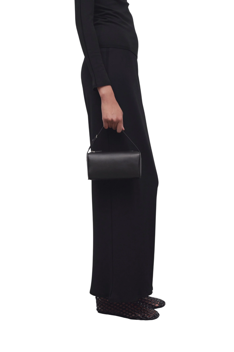 90's grained leather top handle bag in black