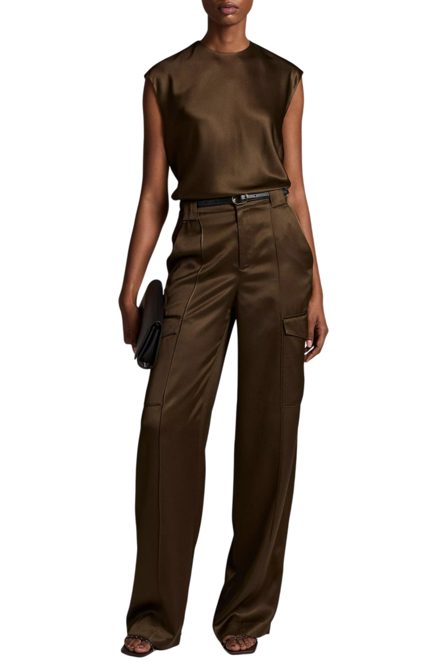Satin cap-sleeve top in cinderwood