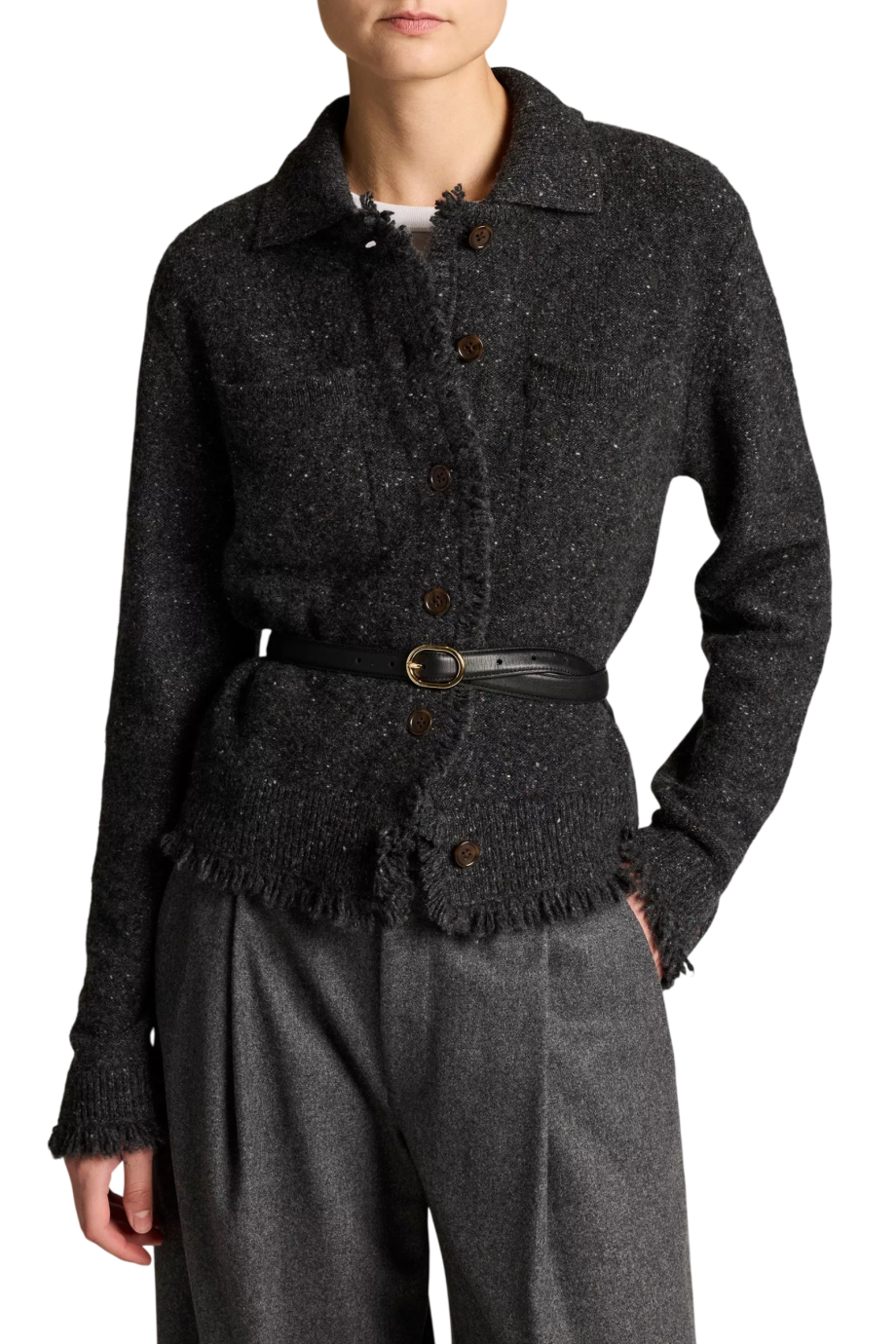 Shrunken cashmere cardigan in charcoal donegal