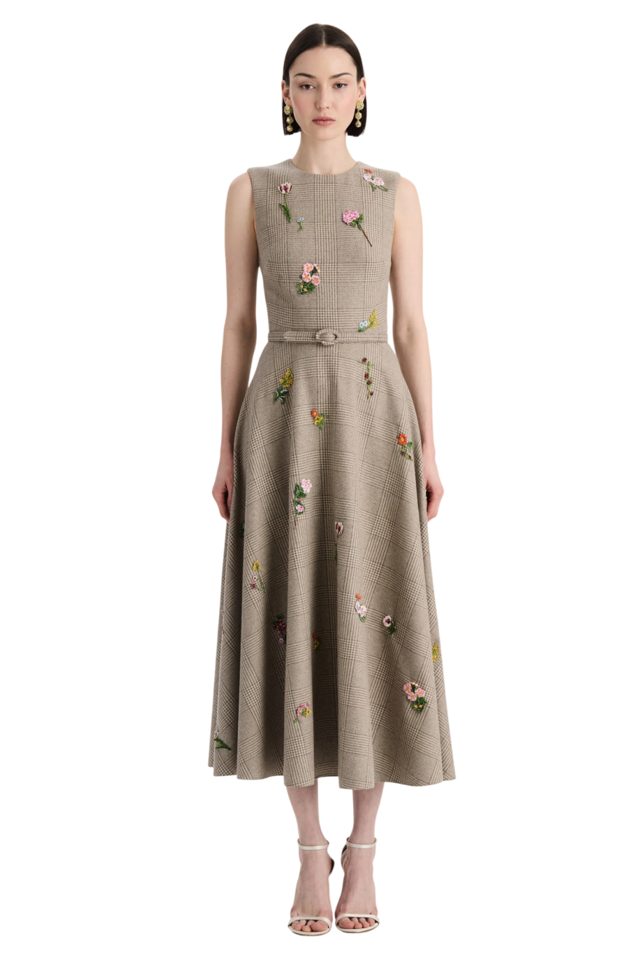 Glen plaid embroidered wool and silk midi dress in taupe
