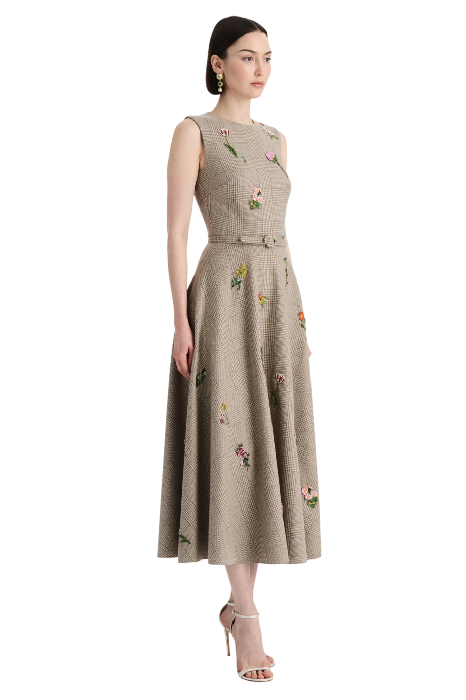 Glen plaid embroidered wool and silk midi dress in taupe