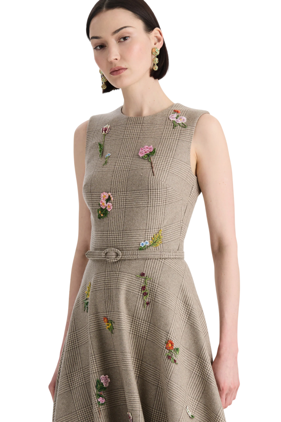 Glen plaid embroidered wool and silk midi dress in taupe
