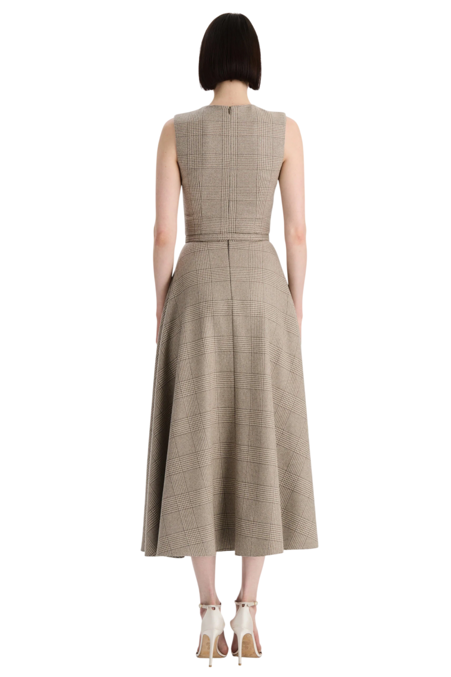 Glen plaid embroidered wool and silk midi dress in taupe