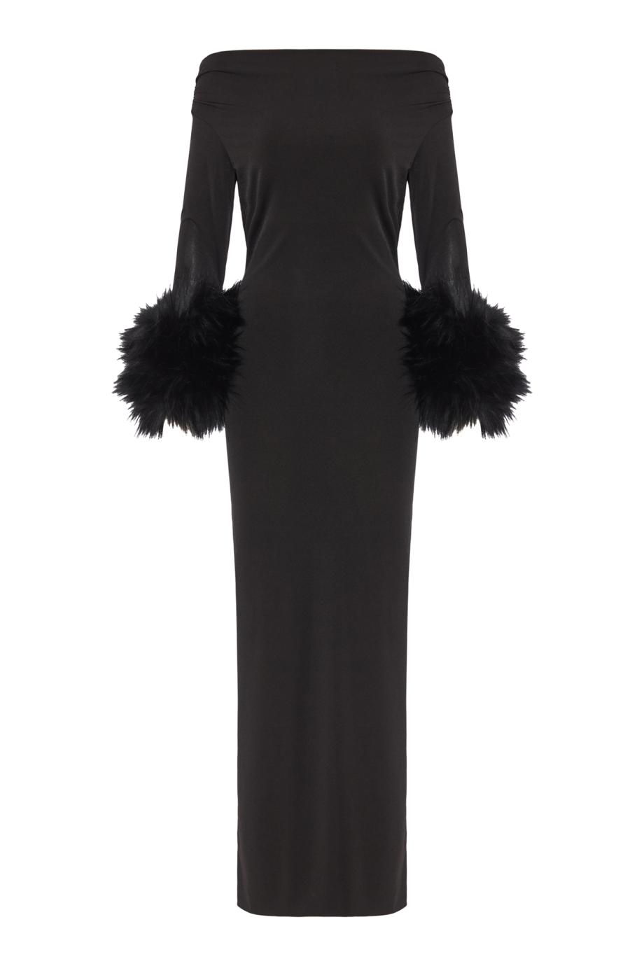 Tyla faux fur-trim jersey midi dress in black