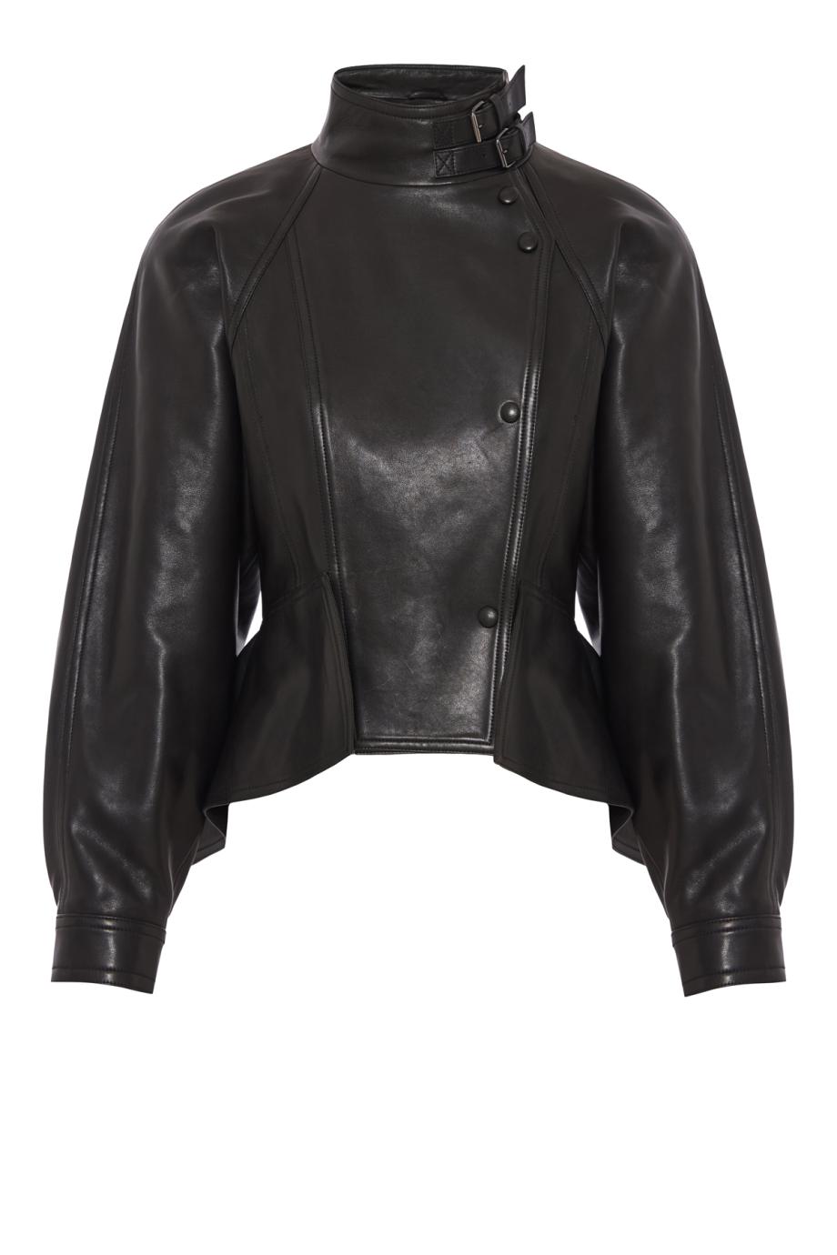 Peplum lambskin jacket in black