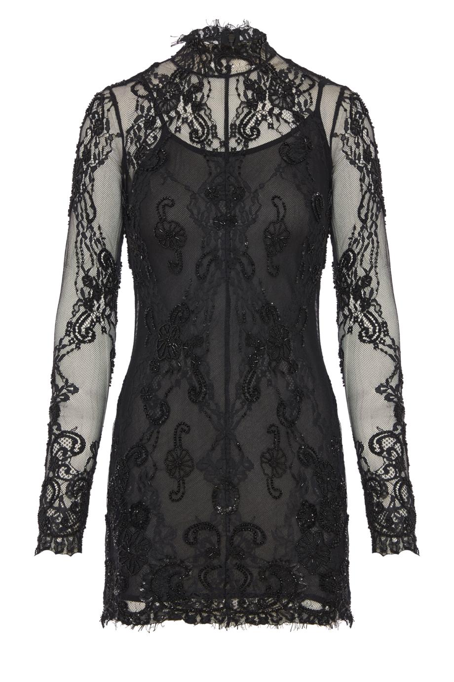 Bead-embroidered lace mini dress in black
