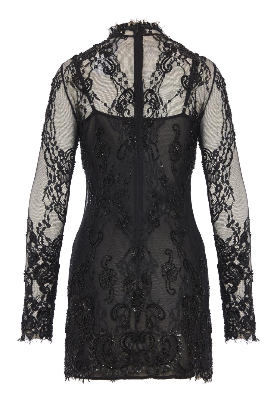 Bead-embroidered lace mini dress in black