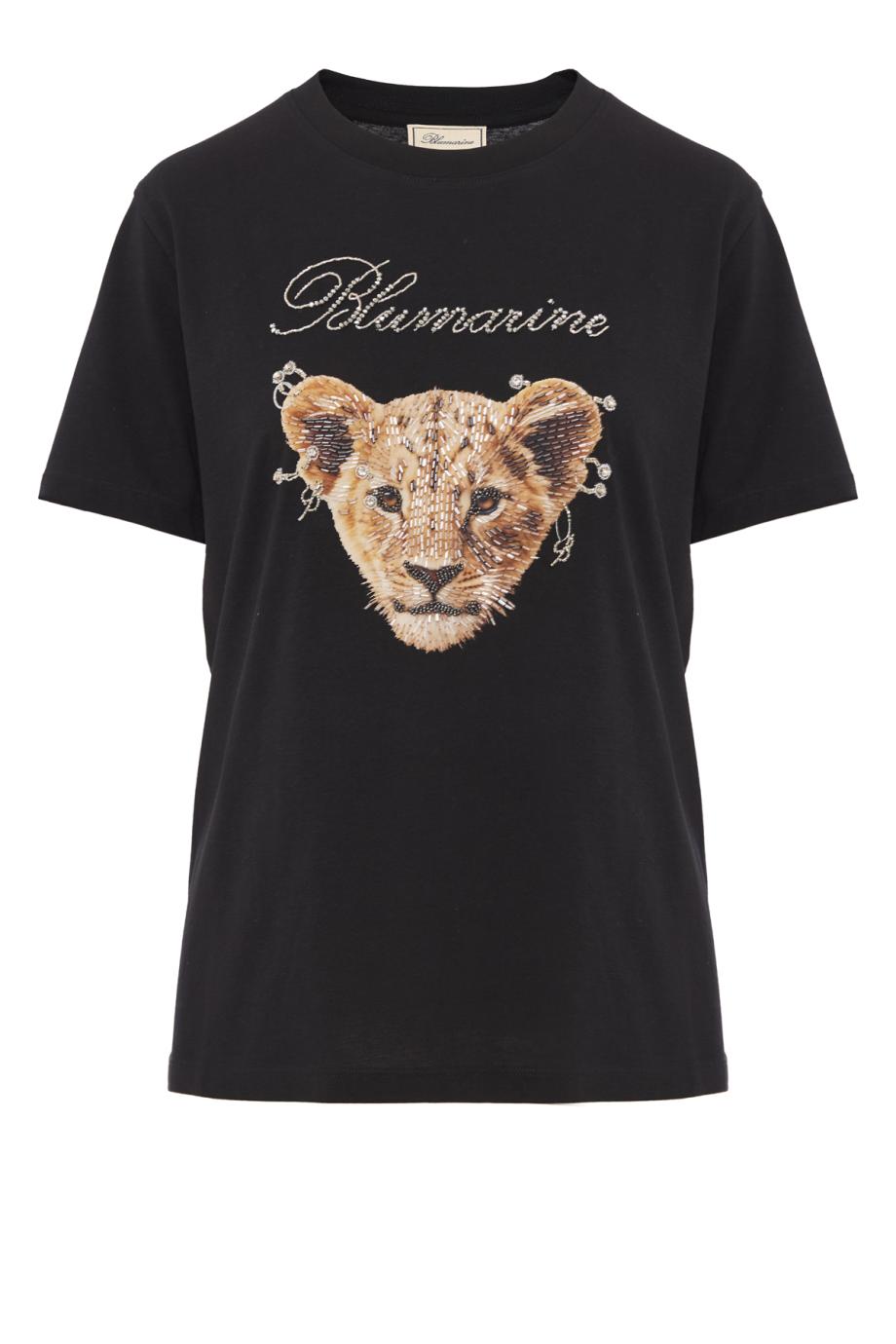 Bead-embroidered cotton T-shirt in black
