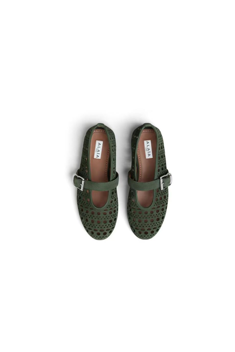La Ballerine Vienne perforated suede flats in vert lichen