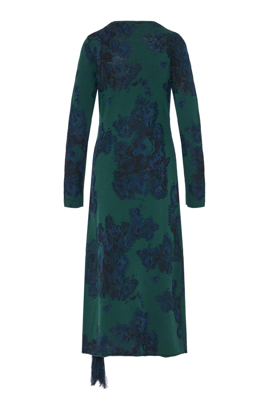Fringed jacquard knitted midi dress in forest green