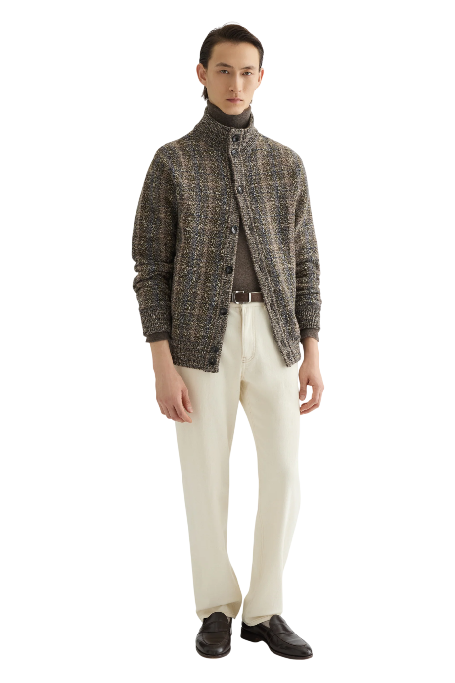 Check wool and cashmere cardigan in ebony