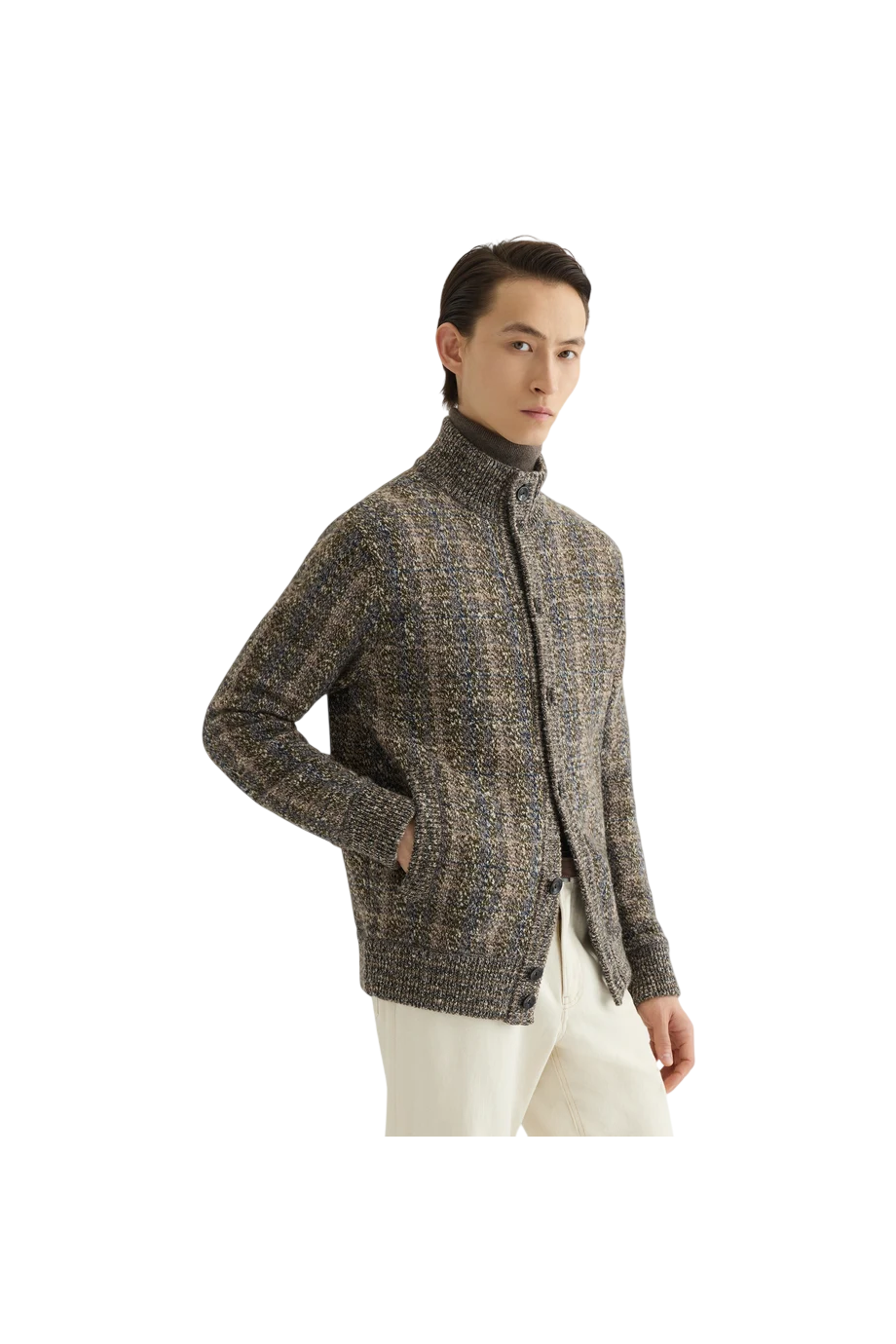 Check wool and cashmere cardigan in ebony