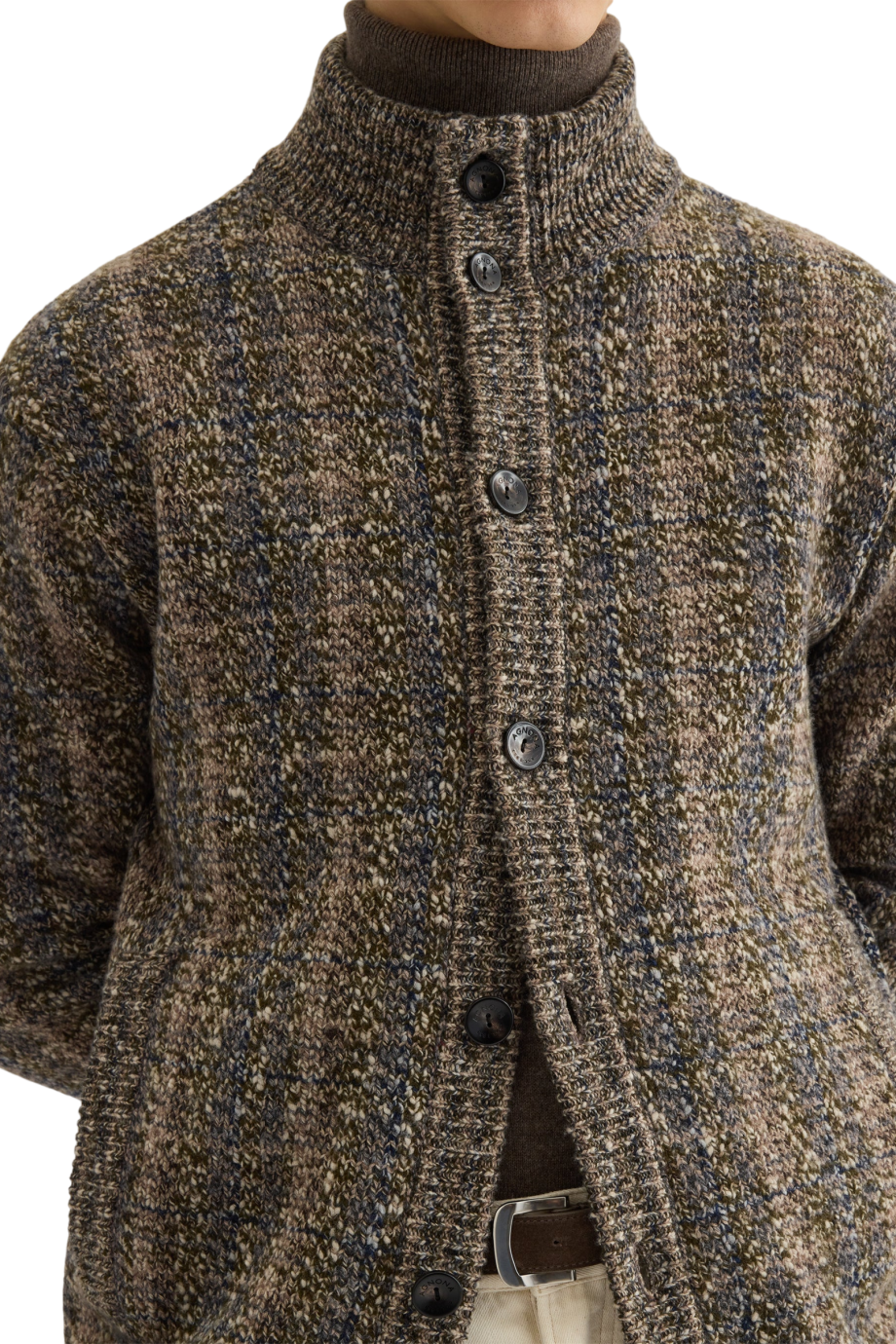 Check wool and cashmere cardigan in ebony