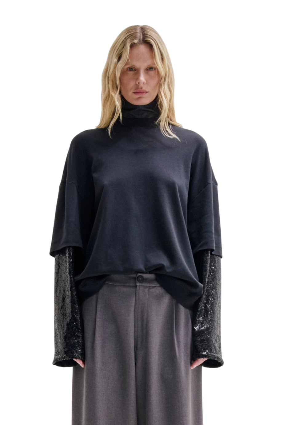 Troy paillette double-sleeve cotton t-shirt in black