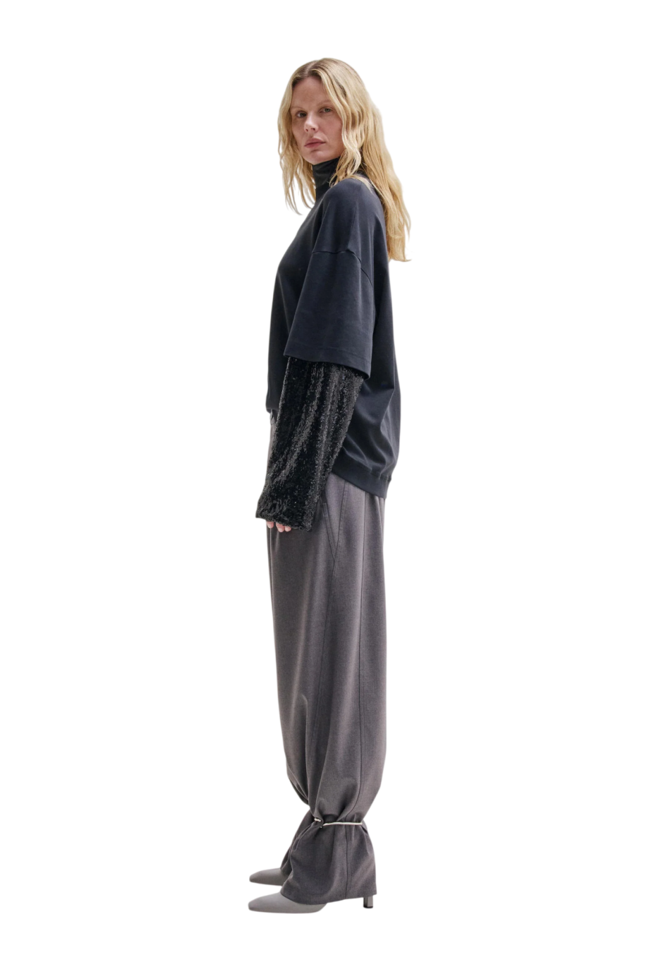 Troy paillette double-sleeve cotton t-shirt in black