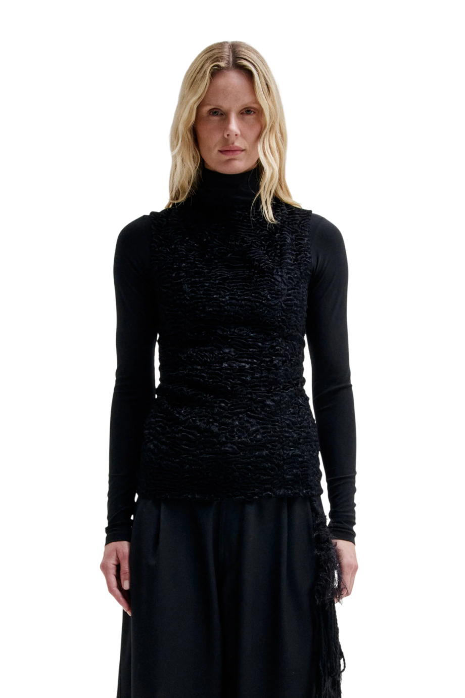 Joy faux astrakan and jersey top in black