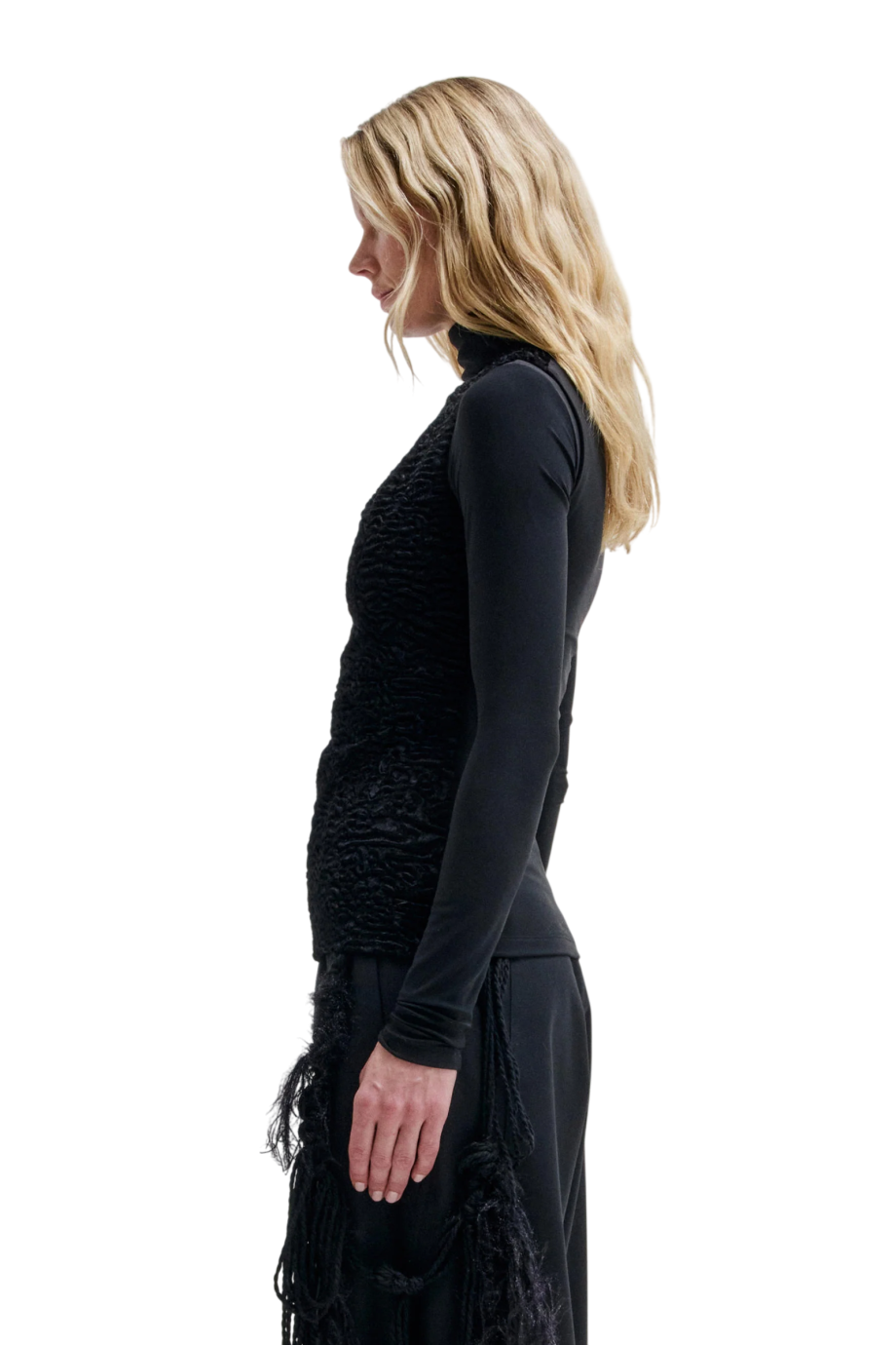 Joy faux astrakan and jersey top in black