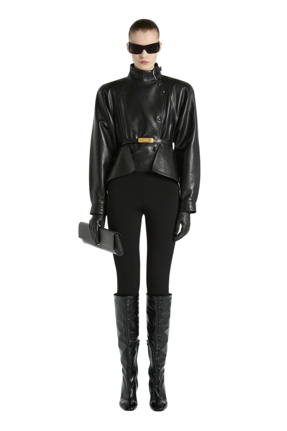 Peplum lambskin jacket in black