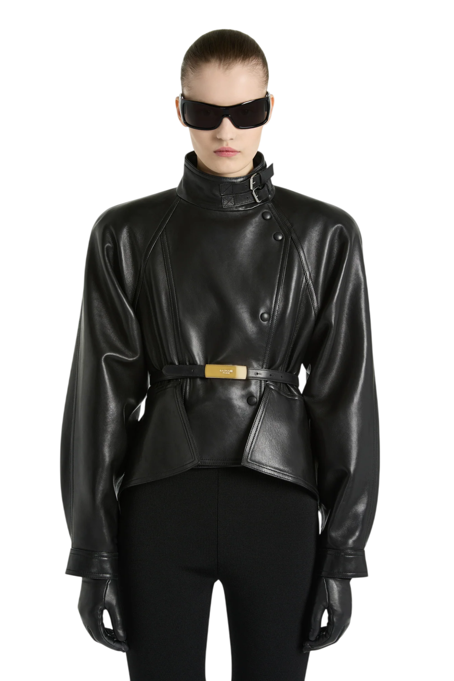 Peplum lambskin jacket in black