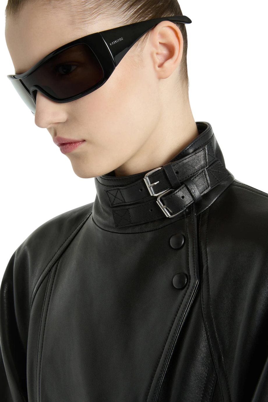 Peplum lambskin jacket in black