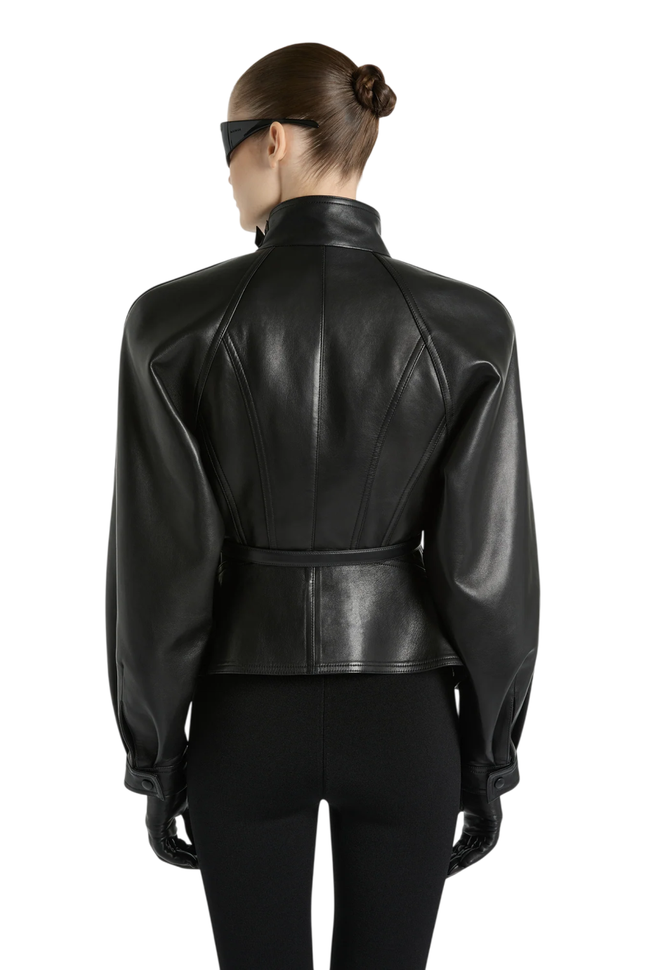 Peplum lambskin jacket in black