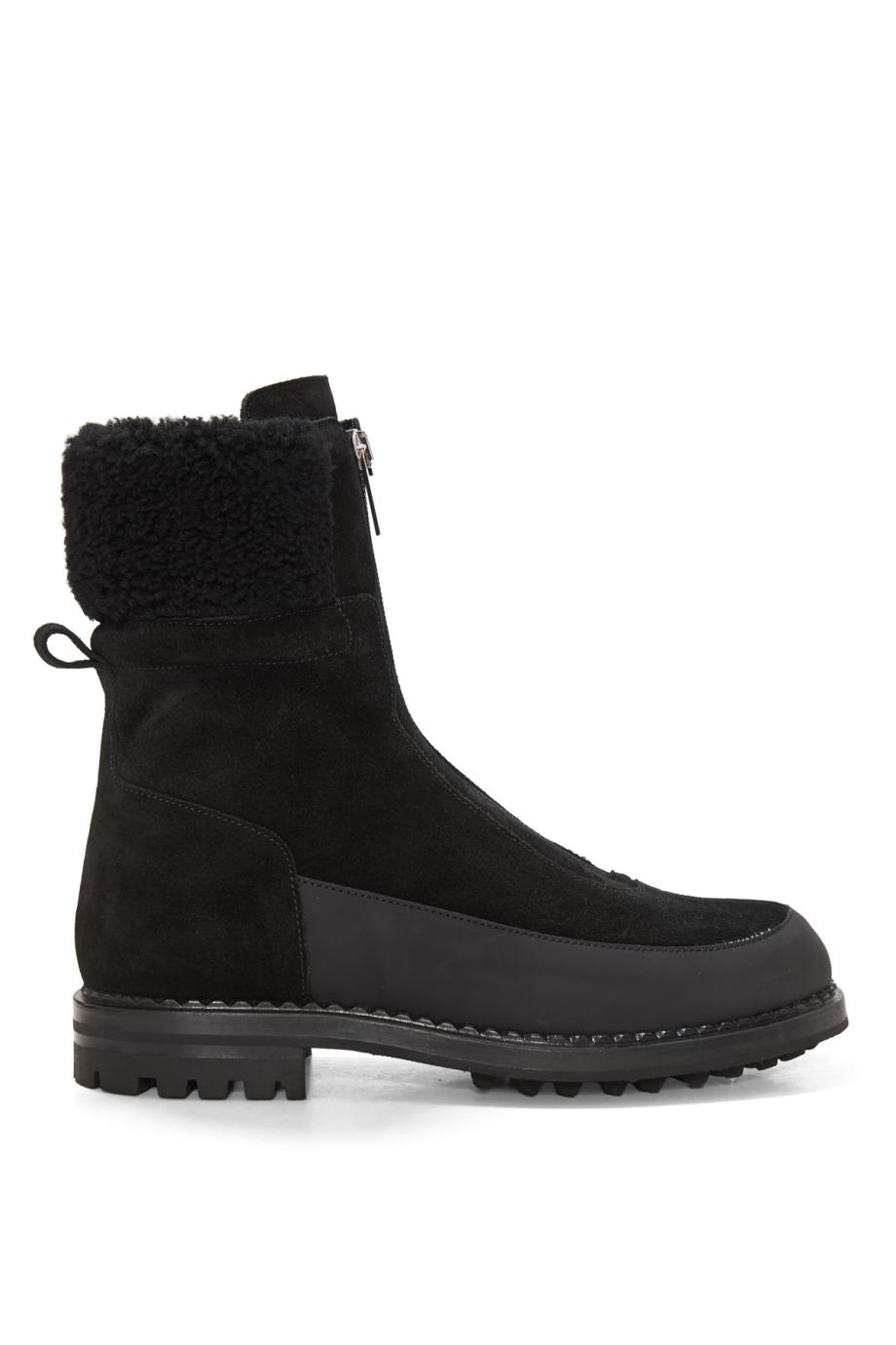 Shearling-trimmed suede ankle boots in black