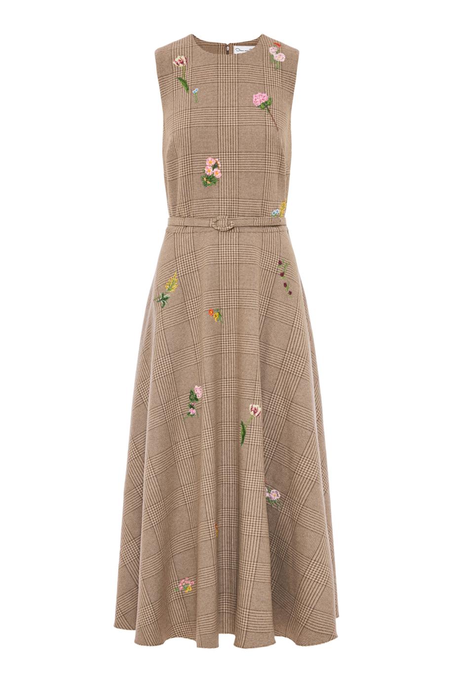 Glen plaid embroidered wool and silk midi dress in taupe