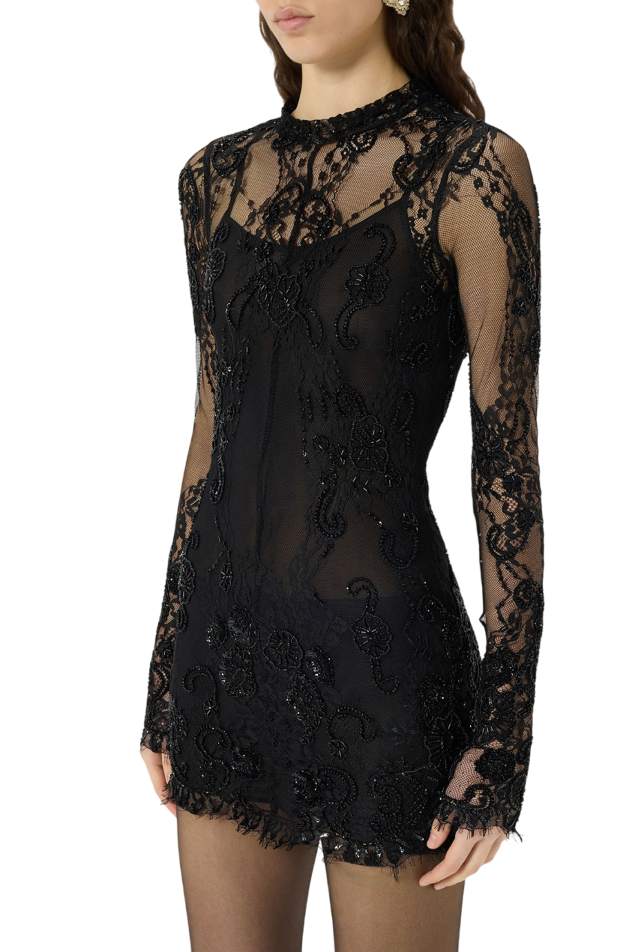 Bead-embroidered lace mini dress in black