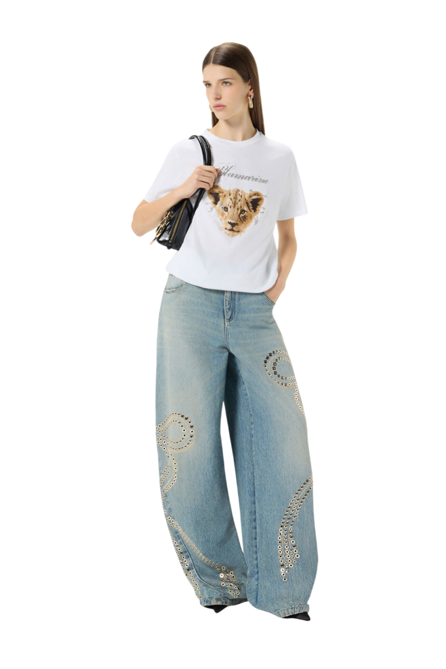 Bead-embroidered cotton T-shirt in optic white