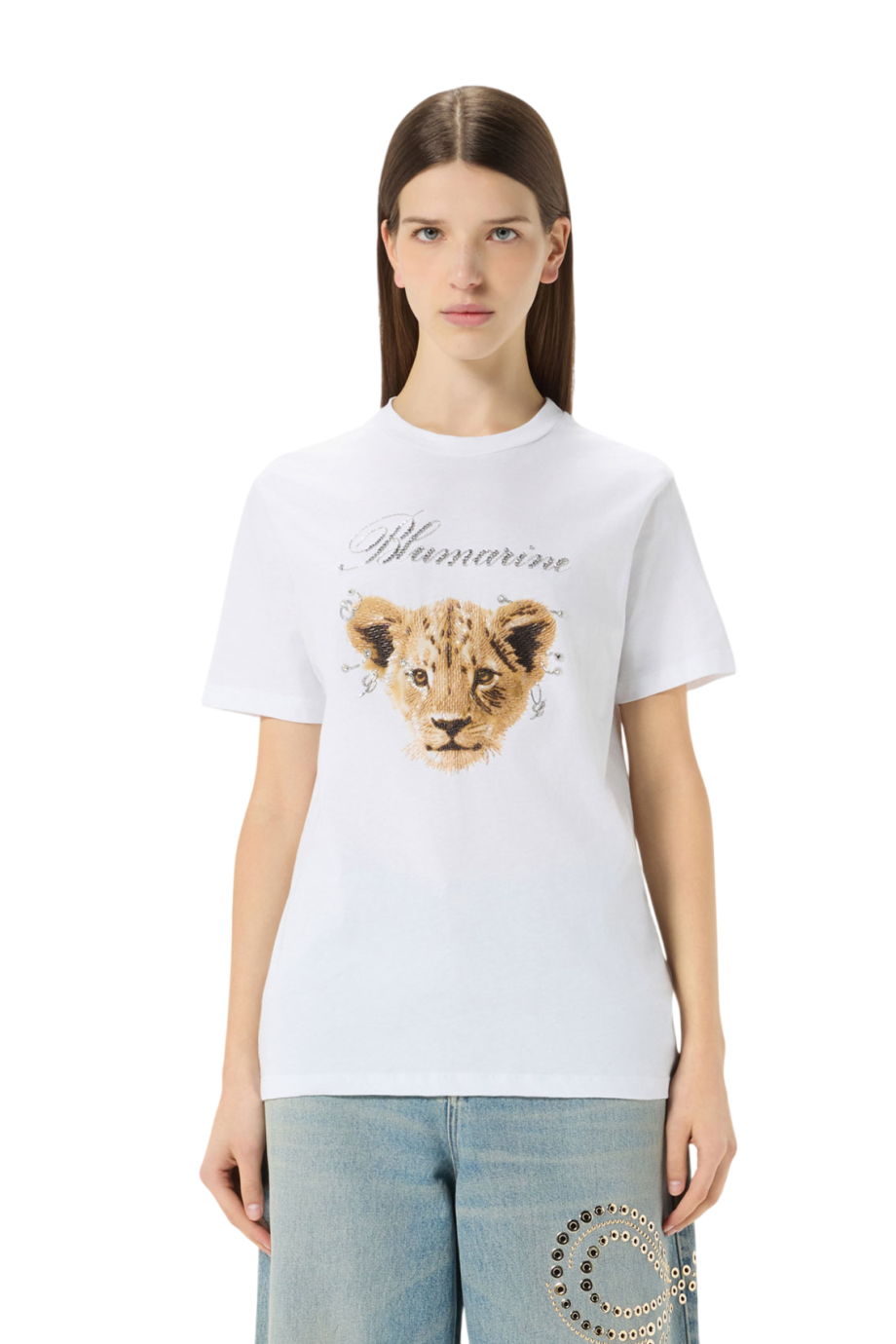 Bead-embroidered cotton T-shirt in optic white