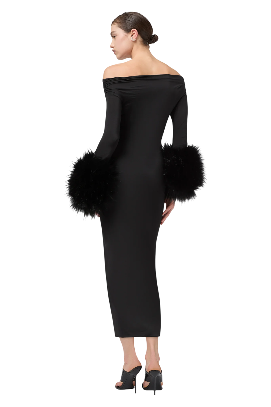 Tyla faux fur-trim jersey midi dress in black