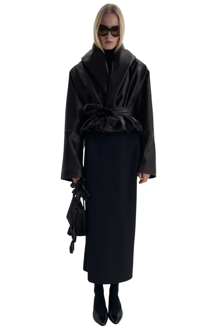 Belted peplum leather jacket in dark brown