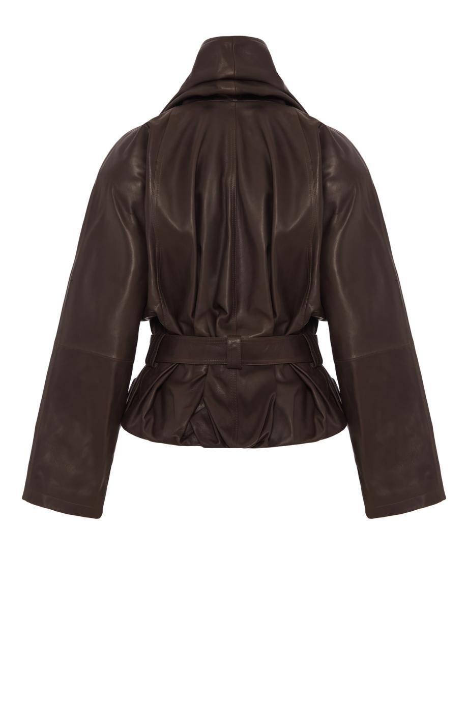 Belted peplum leather jacket in dark brown