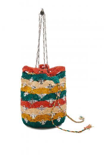 Embellished raffia bucket bag 
