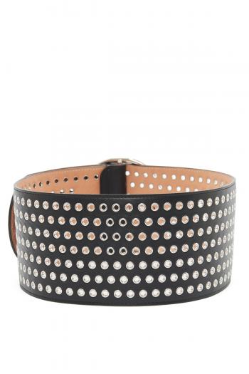 Eyelet embellished oval buckle leather belt 