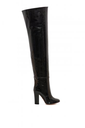 Black patent thigh-high boots