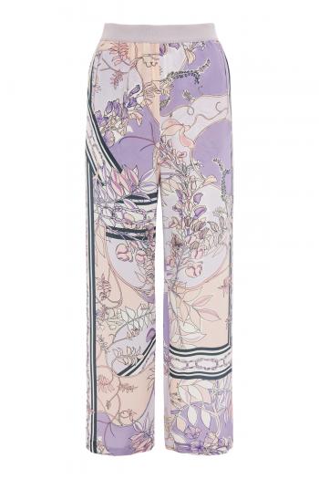 Silk foulard print straight pants with elastic waistband