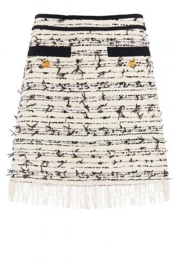 Fringed wool-blend skirt in black and white tweed