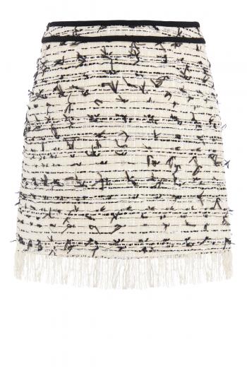 Fringed wool-blend skirt in black and white tweed