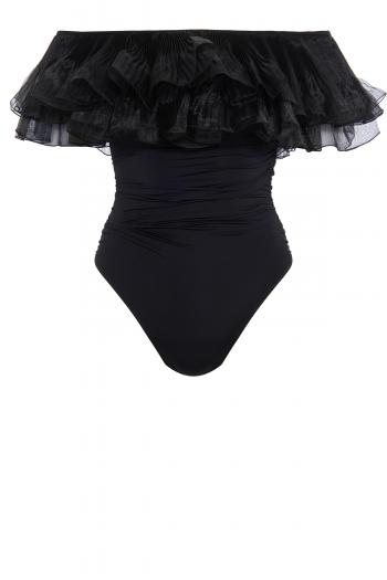 Black one-piece swimsuit with organza neckline