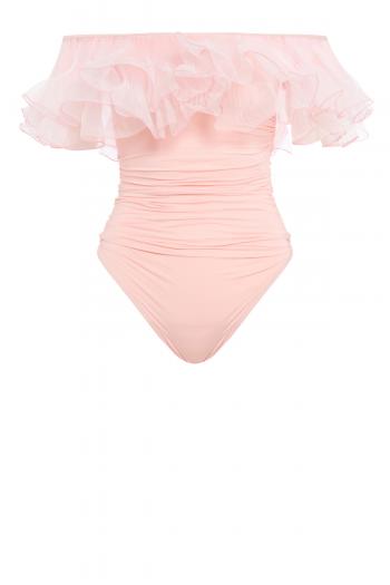 Pink one-piece swimsuit with organza neckline