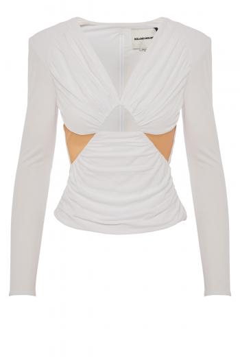Long sleeved ruched jersey top in white