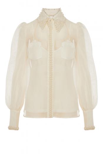 High Tide embellished linen and silk pearl shirt 