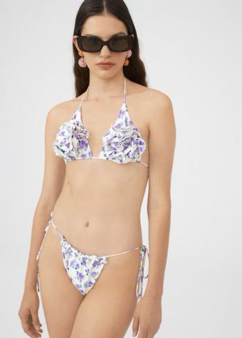 Floral strappy triangle bikini top in violet floral print