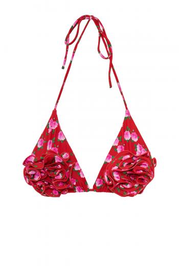 Floral strappy triangle bikini top in red floral print