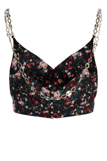 Chain-embellished printed satin cropped top 